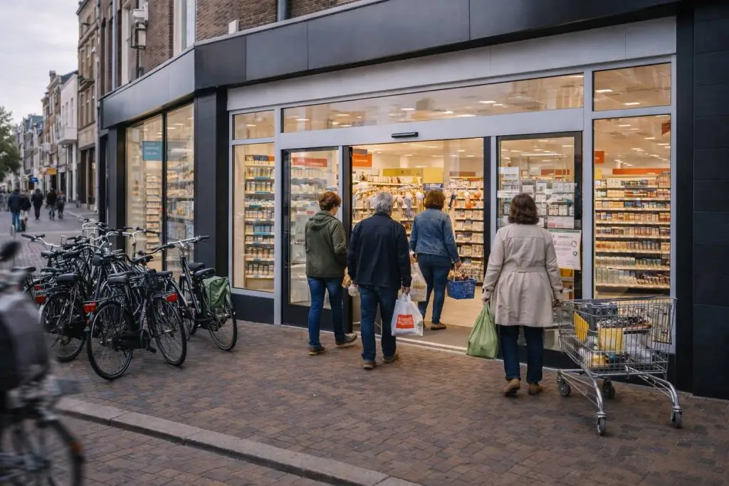 Etos openingstijden - Nederlandse drogisterij in een levendige straat