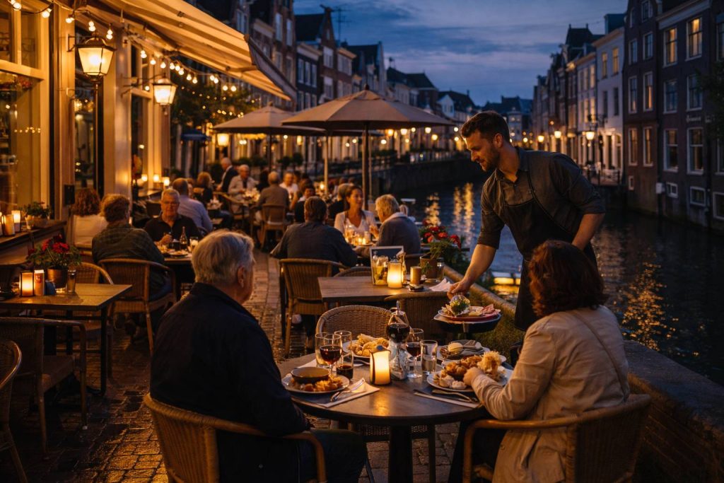 Restaurant openingstijden - Dineren in de schemering aan het kanaal in Dordrecht