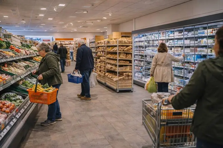 Supermarkt openingstijden - Winkelend publiek bij de drukke ingang van een supermarkt