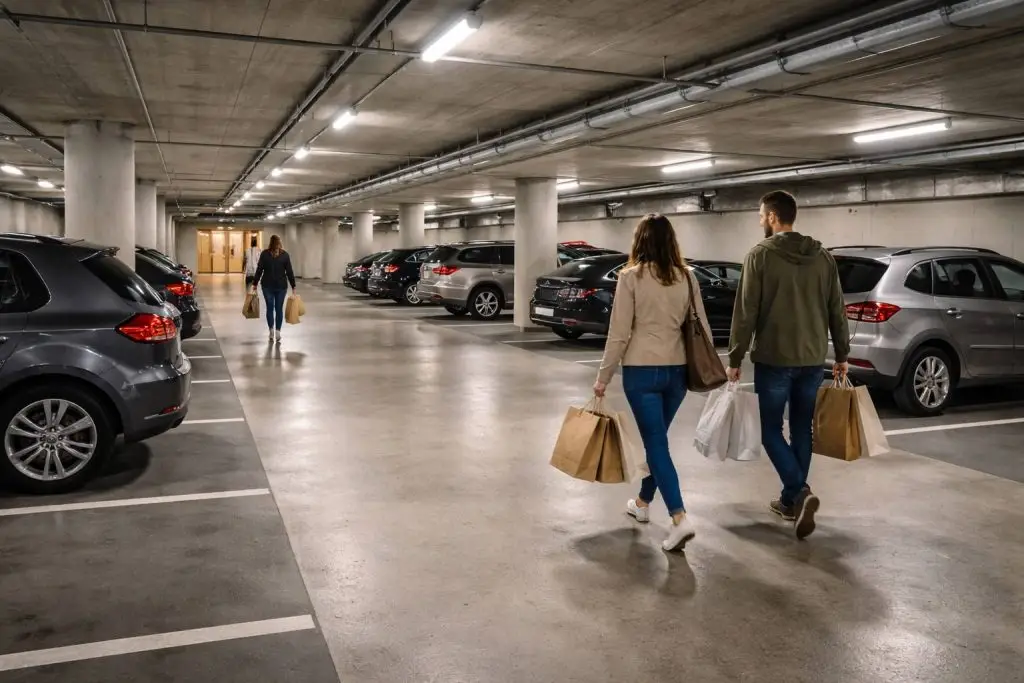 Wandeling door de parkeergarage met boodschappentassen