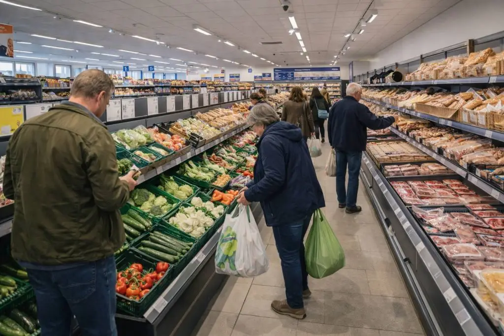 Winkelend publiek bekijkt verse producten en bakkerijproducten