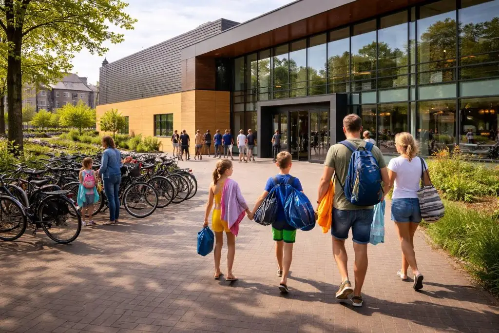 Zwembad openingstijden - Gezinnen die aankomen bij het zwembad in Dordrecht